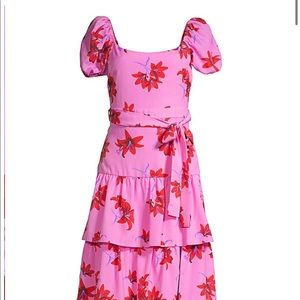 Likely Lottie Pink Floral Puff Sleeve Tiered Midi Dress